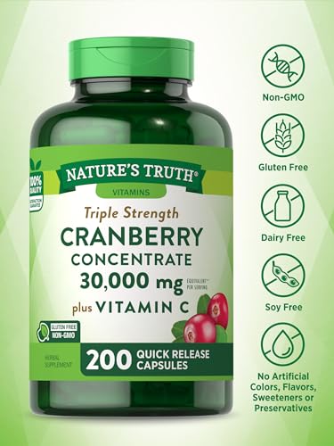 Cranberry Concentrate Plus Vitamin C | 30,000mg | 200 Quick Release Capsules | Non-GMO & Gluten Free Supplement | by Nature's Truth