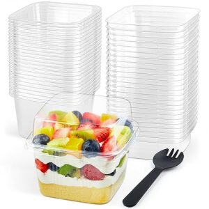 zezzxu 50 pack 8 oz plastic parfait cups with lids and sporks, square dessert cups with spoons cake containers for pudding, yogurt fruit, mousse, trifle and ice cream