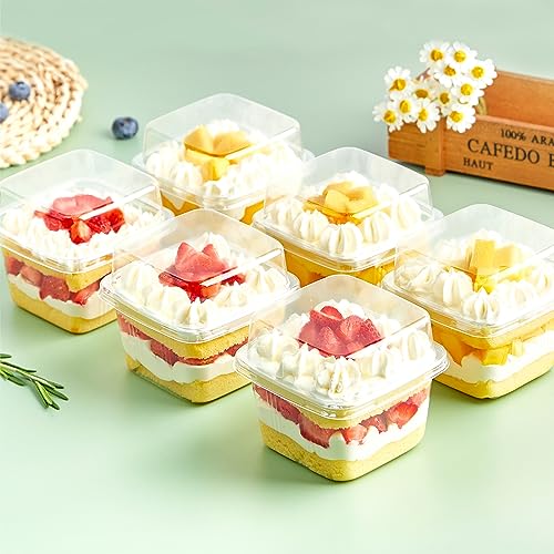 Zezzxu 50 Pack 8 oz Plastic Parfait Cups with Lids and Sporks, Square Dessert Cups with Spoons Cake Containers for Pudding, Yogurt Fruit, Mousse, Trifle and Ice Cream