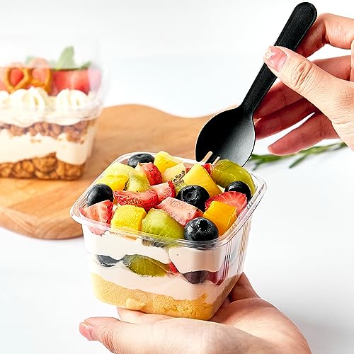 Zezzxu 50 Pack 8 oz Plastic Parfait Cups with Lids and Sporks, Square Dessert Cups with Spoons Cake Containers for Pudding, Yogurt Fruit, Mousse, Trifle and Ice Cream