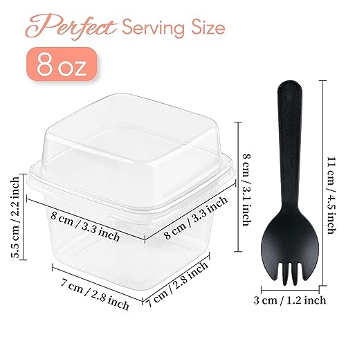 Zezzxu 50 Pack 8 oz Plastic Parfait Cups with Lids and Sporks, Square Dessert Cups with Spoons Cake Containers for Pudding, Yogurt Fruit, Mousse, Trifle and Ice Cream