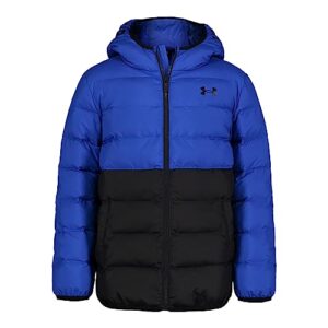 under armour boys' pronto puffer jacket, mid-weight, zip up closure, repels water, team royal colorblock