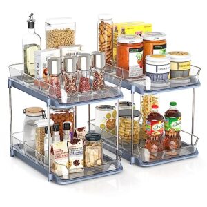 2 pcs under sink organizers and storage - 2 tier clear bathroom organizer countertop, multifunction pull out cabinet organizer with 4 movable dividers, for home, kitchen, office, cabinet