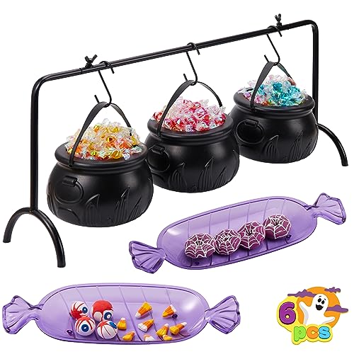 JOYIN 3 Witches Cauldron Serving Bowls, 2 Purple Candy Discs, a Black Metal Shelf with 3 Hooks, 6 PCS Halloween Party Decoration Set Black Plastic Candy Bucket Cauldron Bowls, for Halloween Outdoor and Indoor Decor