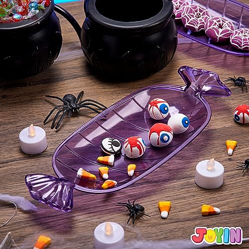 JOYIN 3 Witches Cauldron Serving Bowls, 2 Purple Candy Discs, a Black Metal Shelf with 3 Hooks, 6 PCS Halloween Party Decoration Set Black Plastic Candy Bucket Cauldron Bowls, for Halloween Outdoor and Indoor Decor