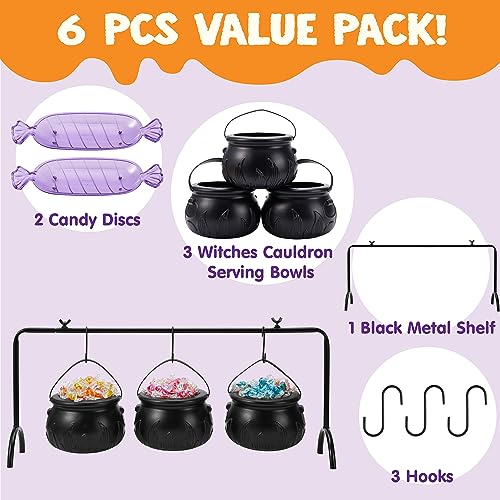 JOYIN 3 Witches Cauldron Serving Bowls, 2 Purple Candy Discs, a Black Metal Shelf with 3 Hooks, 6 PCS Halloween Party Decoration Set Black Plastic Candy Bucket Cauldron Bowls, for Halloween Outdoor and Indoor Decor