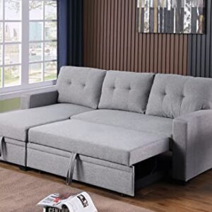 Devion Furniture L-Shape Linen Sleeper Sectional Sofa for Living Room, Home Furniture, Apartment, Dorm Sofabed, Light Gray