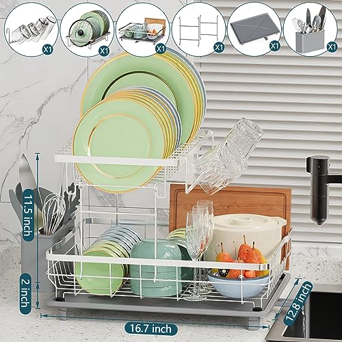 LIONONLY Dish Drying Rack 2 Tier, Dish Rack with Drainboard, Durable Stainless Steel Dish Racks for Kitchen Counter,Detachable Kitchen Dish Rack Dish Strainer Rack for Dishes, Knives, Spoons, Forks