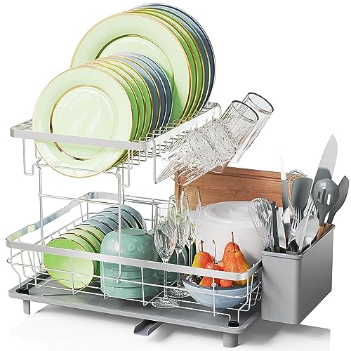 LIONONLY Dish Drying Rack 2 Tier, Dish Rack with Drainboard, Durable Stainless Steel Dish Racks for Kitchen Counter,Detachable Kitchen Dish Rack Dish Strainer Rack for Dishes, Knives, Spoons, Forks