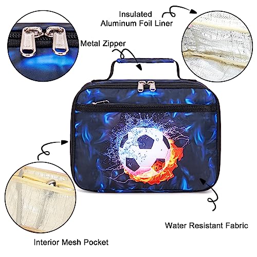 LEDAOU Lunch Bag Kids Insulated Lunch Box Boys Girls Insulated Reusable Lunch Bag for School Picnic Hiking Work (Soccer Black Blue)