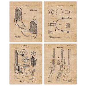 vintage westerns cowboys tools patent prints, 4 (8x10) unframed photos, wall art decor gifts under 20 for home office man cave aggies shop student teacher farmer rodeo life