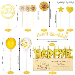 FRIUSATE 30 PCS Birthday Candles Set Gold Confetti Cake Topper Decoration with Happy Birthday Candles Sign Paper Fans Balloon Glitter Star Cupcake Topper for Gold Theme Party Decor