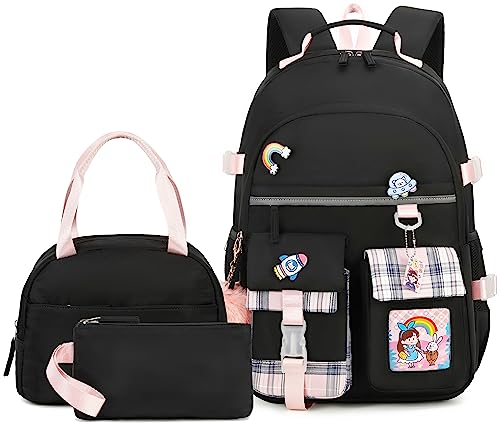 SHADOW VISION School Backpacks for Girls Backpack with Lunch Box Cute Backpack for School Bag Bookbag Backpack for Teen Girls (Black)