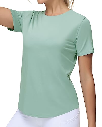 THE GYM PEOPLE Women's Workout Short Sleeve Breathable T-Shirts Athletic Yoga Tee Tops Light Green