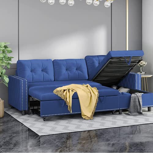 Mjkone Sectional Sleeper Sofa Bed with Storage 3 Seat Pull Out Sofa Bed Couch with Chaise Lounge Velvet Couch with Pull Out Bed L Shaped Sectional Sofa Couches for Living Room Apartment, Navy Blue