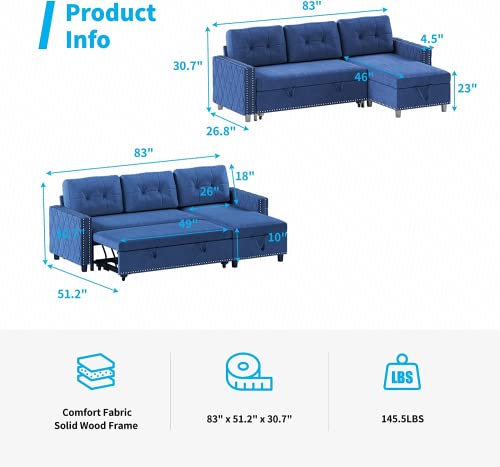 Mjkone Sectional Sleeper Sofa Bed with Storage 3 Seat Pull Out Sofa Bed Couch with Chaise Lounge Velvet Couch with Pull Out Bed L Shaped Sectional Sofa Couches for Living Room Apartment, Navy Blue