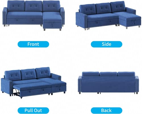 Mjkone Sectional Sleeper Sofa Bed with Storage 3 Seat Pull Out Sofa Bed Couch with Chaise Lounge Velvet Couch with Pull Out Bed L Shaped Sectional Sofa Couches for Living Room Apartment, Navy Blue