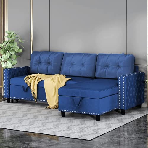 Mjkone Sectional Sleeper Sofa Bed with Storage 3 Seat Pull Out Sofa Bed Couch with Chaise Lounge Velvet Couch with Pull Out Bed L Shaped Sectional Sofa Couches for Living Room Apartment, Navy Blue