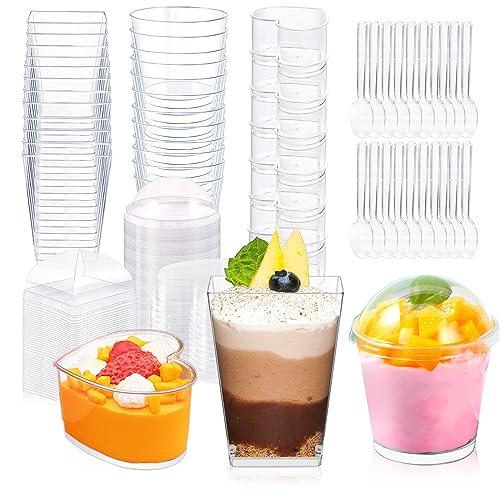 ALEXPRE 360 Pack 5oz 6oz Dessert Cups with Lids and Spoons, 3 Styles Clear Plastic Appetizer Cups Disposable Party Mini Parfait Cups for Serving Fruit Trifle Mousse Ice Cream and Pudding Dessert Cups