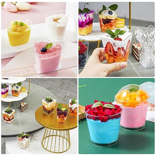 ALEXPRE 360 Pack 5oz 6oz Dessert Cups with Lids and Spoons, 3 Styles Clear Plastic Appetizer Cups Disposable Party Mini Parfait Cups for Serving Fruit Trifle Mousse Ice Cream and Pudding Dessert Cups