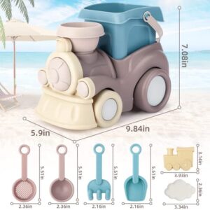 Aigitoy Beach Toys for Toddlers, Kids Sand Toys Includes Beach Bucket, Dump Train Toy, Sand Shovel, Rake, Small Watering Can and Bonus Mesh Bag Outdoor Tool Kit for Kids - Sandbox Toys with Gift Box