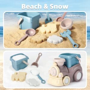 Aigitoy Beach Toys for Toddlers, Kids Sand Toys Includes Beach Bucket, Dump Train Toy, Sand Shovel, Rake, Small Watering Can and Bonus Mesh Bag Outdoor Tool Kit for Kids - Sandbox Toys with Gift Box