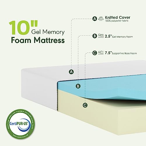 Furinno Tidur Cooling Gel Memory Foam Mattress, 10 Inch, Twin, White