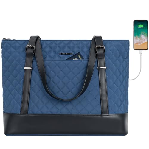 KROSER Laptop Tote Bag 15.6 Inch with USB Port, Large Work Tote Bag Computer Shoulder Bag for Women, Laptop Carrying Case Stylish Handbag Gift for Office Business Travel(Haze Blue)