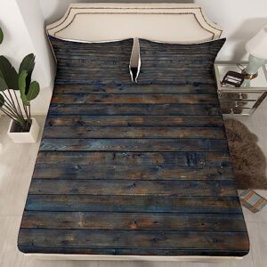 wooden grain fitted sheet twin, geometric bed sheets, rectangle rustic floor planks sheets, farmhouse walnut oak blue yellow rural bedroom decor bedding set for adults man