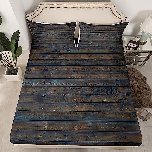 Wooden Grain Fitted Sheet Twin, Geometric Bed Sheets, Rectangle Rustic Floor Planks Sheets, Farmhouse Walnut Oak Blue Yellow Rural Bedroom Decor Bedding Set for Adults Man