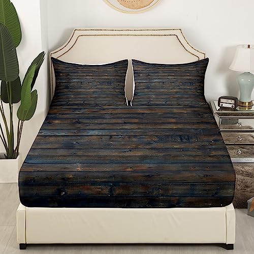 Wooden Grain Fitted Sheet Twin, Geometric Bed Sheets, Rectangle Rustic Floor Planks Sheets, Farmhouse Walnut Oak Blue Yellow Rural Bedroom Decor Bedding Set for Adults Man