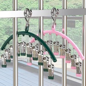 OUGETHER Clothes Hanger with 10 Clips Stainless Steel Laundry Drying Rack Windproof Sock Hanger Clip for Drying Bras Towel Underwear Diaper Baby Clothes (Green)