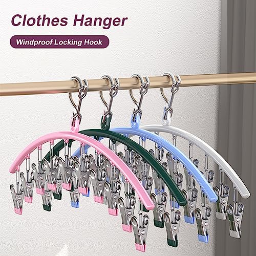 OUGETHER Clothes Hanger with 10 Clips Stainless Steel Laundry Drying Rack Windproof Sock Hanger Clip for Drying Bras Towel Underwear Diaper Baby Clothes (Green)