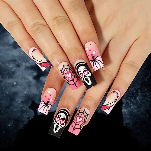 Medium Square Halloween Nails Press on Glossy Gradient Pink Fake Nails with Spider Net Skull Acrylic Glue on Nails Design Artificial False Nails Full Cover Stick on Nails for Women Girls 24Pcs