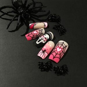 Medium Square Halloween Nails Press on Glossy Gradient Pink Fake Nails with Spider Net Skull Acrylic Glue on Nails Design Artificial False Nails Full Cover Stick on Nails for Women Girls 24Pcs