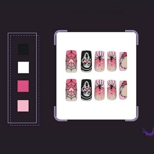 Medium Square Halloween Nails Press on Glossy Gradient Pink Fake Nails with Spider Net Skull Acrylic Glue on Nails Design Artificial False Nails Full Cover Stick on Nails for Women Girls 24Pcs