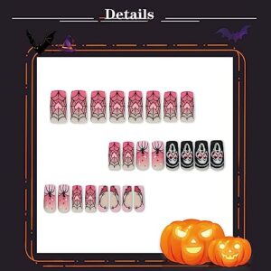 Medium Square Halloween Nails Press on Glossy Gradient Pink Fake Nails with Spider Net Skull Acrylic Glue on Nails Design Artificial False Nails Full Cover Stick on Nails for Women Girls 24Pcs