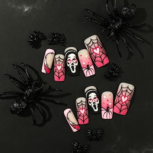 Medium Square Halloween Nails Press on Glossy Gradient Pink Fake Nails with Spider Net Skull Acrylic Glue on Nails Design Artificial False Nails Full Cover Stick on Nails for Women Girls 24Pcs