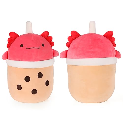 MMguai 14 inch Cute Big Axolotl Boba Tea Plush Soft Hugging Pillow,Large Red Pearl Milk Tea Stuffed Animals Toy Doll for Kids Birthday,Valentine,Christmas,Halloween 