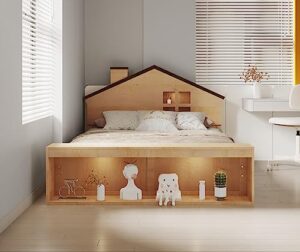 melpomene full size wood house bed with led lights, kids platform bed frame with storage footboard for girls, boys,natural