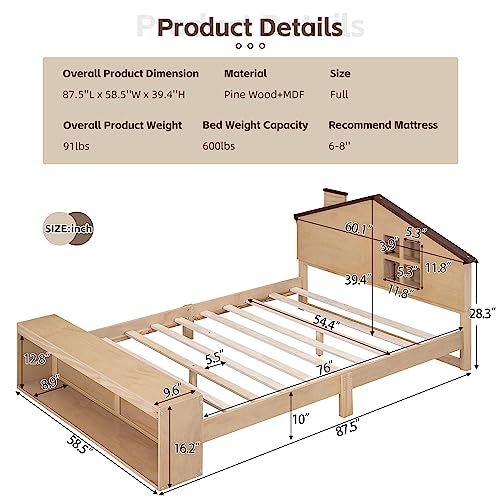 Melpomene Full Size Wood House Bed with LED Lights, Kids Platform Bed Frame with Storage Footboard for Girls, Boys,Natural