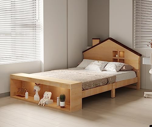 Melpomene Full Size Wood House Bed with LED Lights, Kids Platform Bed Frame with Storage Footboard for Girls, Boys,Natural