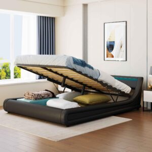 aty upholstered queen size bed with hydraulic storage system, platform bedframe w/faux leather & led light headboard, for bedroom, guestroom,save space, no box spring needed, black