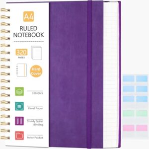 hardcover spiral notebook, college ruled notebook journal with 320 pages, 8.5''×11'' lined journaling for women men, a4 leather writing journals for work, school, office, 18pcs index tabs, purple