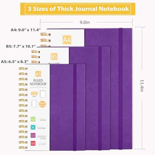 Hardcover Spiral Notebook, College Ruled Notebook Journal with 320 Pages, 8.5''×11'' Lined Journaling for Women Men, A4 Leather Writing Journals for Work, School, Office, 18pcs Index Tabs, Purple