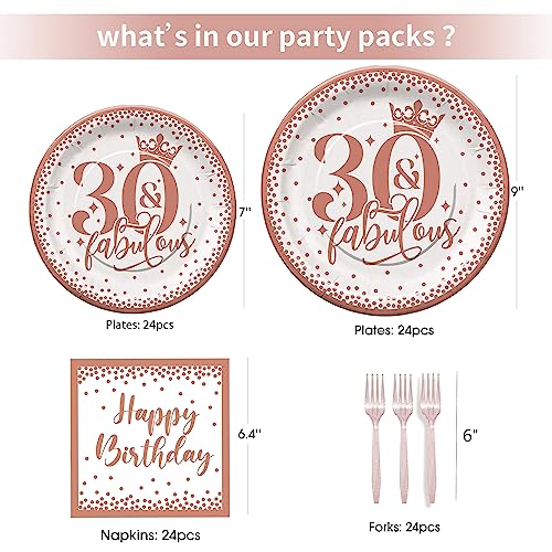 GREPARPY 30th Birthday Decorations Women Tableware - Rose Gold 30 And Fabulous Birthday Decorations Dinnerware, Thirty Birthday Plate, Napkin, Fork, Her 30-Year-Old Birthday Party Supplies | Serve 24