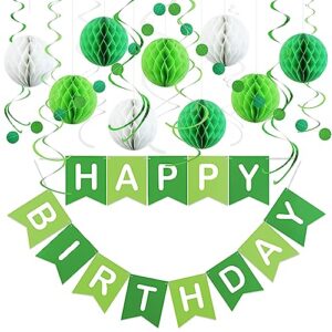 LITAUS, Birthday Decorations, NO DIY - Pack of 20 | Green Happy Birthday Banner, Honeycomb Balls, Swirls, Garland | Happy Birthday Decorations | Birthday Party Decorations