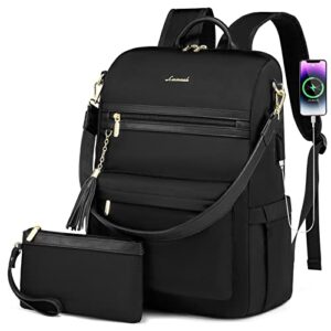 lovevook laptop backpack women,17.3 inch convertible backpack purse for women with usb port,fashion teacher nurse bag work backpack with cute wristlet bag for travel college commute,2 pcs,black