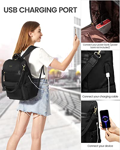 LOVEVOOK Laptop Backpack Women,17.3 Inch Convertible Backpack Purse for Women with USB Port,Fashion Teacher Nurse Bag Work Backpack with Cute Wristlet Bag for Travel College Commute,2 PCS,Black