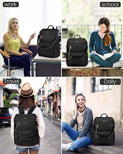 LOVEVOOK Laptop Backpack Women,17.3 Inch Convertible Backpack Purse for Women with USB Port,Fashion Teacher Nurse Bag Work Backpack with Cute Wristlet Bag for Travel College Commute,2 PCS,Black
